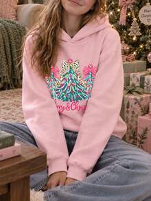 [Christmas]Tween Girl Pink Christmas Tree Leopard Print Bow Letter Print Sweatshirt, Fleece Lined Thick Long Sleeve Pullover Casual Top, Girls Autumn/Winter Christmas Outfit, Holiday Party Daily Wear - Pink - View 4