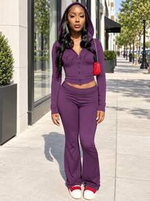 FQLWL Women's Casual Street Style Tracksuit, Printed Zip-Up Hoodie And Pants Set, Long Sleeve 2-Piece Outfit Spring Elegant - Purple - View 1