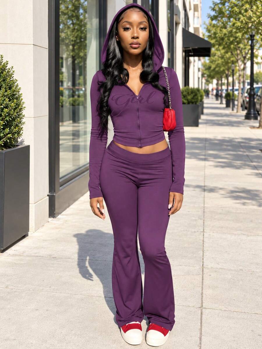 FQLWL Women's Casual Street Style Tracksuit, Printed Zip-Up Hoodie And Pants Set, Long Sleeve 2-Piece Outfit Spring Elegant - Purple - View 1