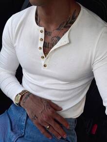 Men's Classic Button-Up Henley Collar Long Sleeve T-Shirt, Autumn/Winter Fashion Outfit Essential - White - View 6