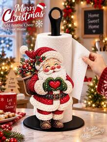 2D FLAT Christmas Decorative Paper Towel Holder (No Power Light) - Desktop Tabletop Roll Holder (Combines Display And Storage Functions), Fun Faux Pearl Painting Santa Claus Design, Suitable For Kitchen, Bathroom, Living Room And Dining Room, Decorative Ornament To Create A Warm Christmas Atmosphere. 2D, Not 3D - Multicolor - View 1