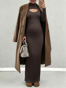 Maternity Solid Color Casual Daily Cutout Design Long Sleeve Slim Fit Summer Dress - Brown - View 5