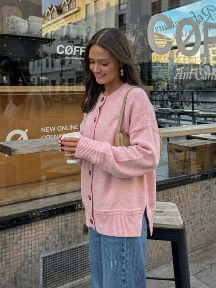 Button Front Pink Knit Cardigan, Long Sleeves, Side Slits, Ribbed Trim, Relaxed Fit, Soft-Touch Casual Fall Cardigan Sweater For Women - Pink - View 1