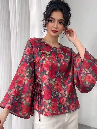 Chaqueta/Blusa de mujer para primavera/otoño, estilo chino con estampado floral de rosas, cuello redondo, botones de rana, manga larga, cheongsam corto de corte holgado con mangas acampanadas, moda casual elegante hanfu