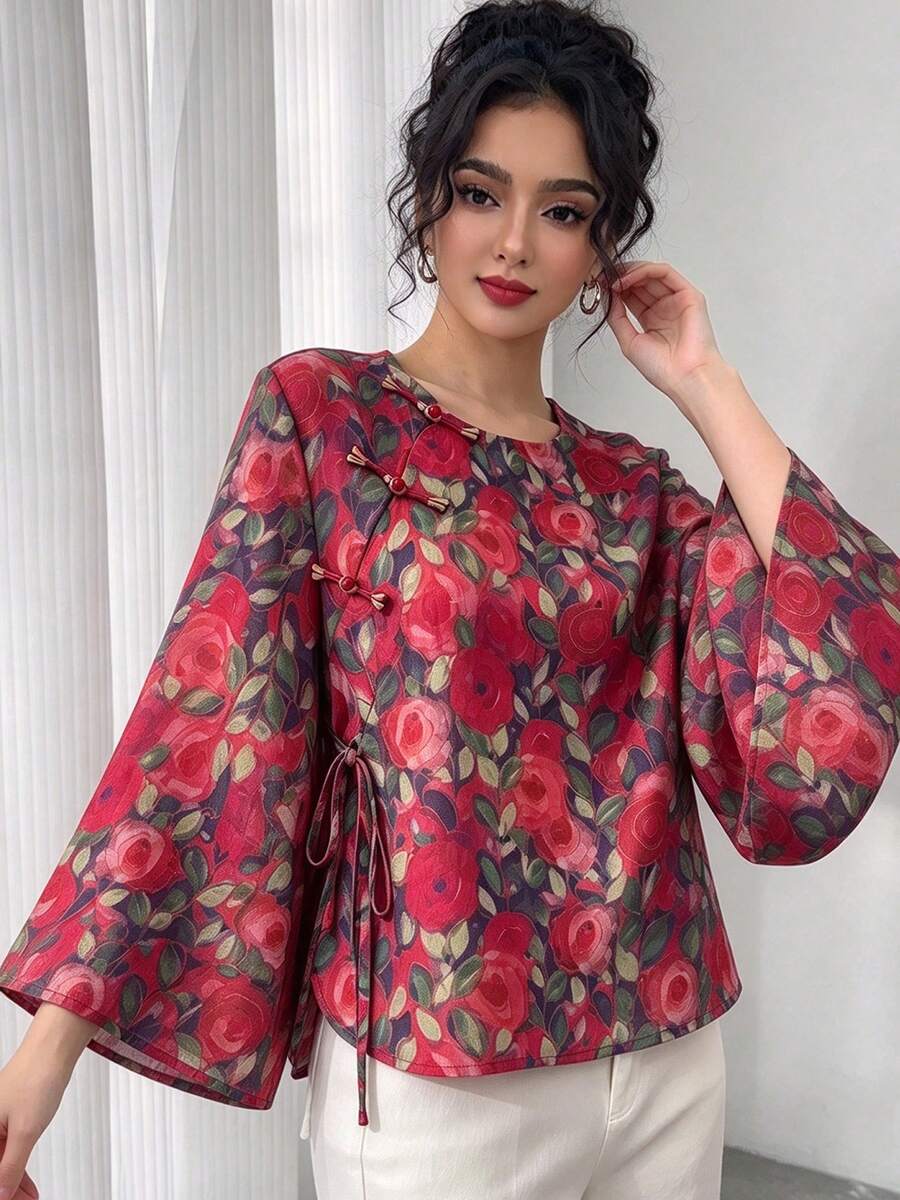 春秋女款上衣外套,中式玫瑰花卉印花圓領盤扣長袖旗袍短版寬鬆上衣,喇叭袖,休閒時尚優雅漢服 - 玫紅色 - 查看 1