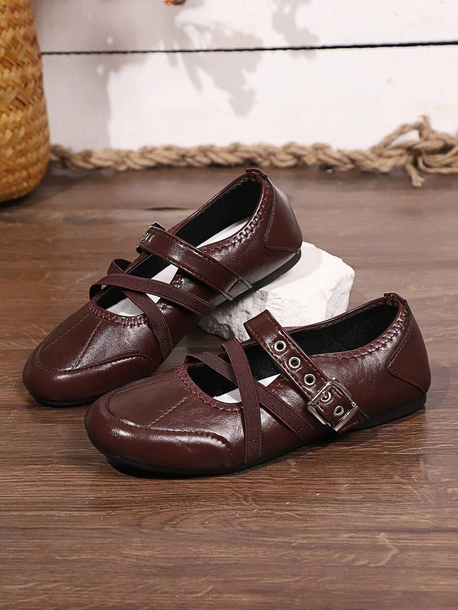1 Pair Red Buckle Flat Mary Jane Shoes, Fashionable College Style, Comfortable Versatile Soft Sole Shoes - Bordeaux - View 1