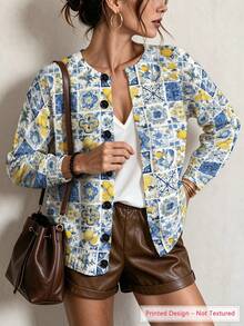 ASHKATIA Lemon Embossed Print Women's Plus-Size Vintage Cardigan Sweater, Fall Winter Knit For Social Occasions - Multicolor - View 6
