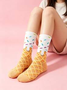 1/5 Pairs Sweet Girl Style Melting Ice Cream Cone Pattern Mid-Calf Socks, Colorful Sprinkles Design, Fun Cartoon Socks For Autumn New Arrival, Daily Wear - Multicolor - View 8