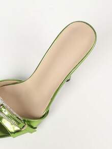 Women Pointed Front High Heel Mules, Metallic Green Finish, Rhinestone Buckle Strap, Slip On Design, Stiletto Heel, Night Out Party Shoes - Green - View 10