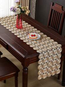 HXARTMIS 1PC Red Daisy Hollow Crochet Lace Table Runner, Lightweight Floral Mesh Tablecloth, Long Vanity Table Decor, Suitable For Dining Table, Wedding, Tea Party, Christmas Decoration And Home Decor - Gold - View 5