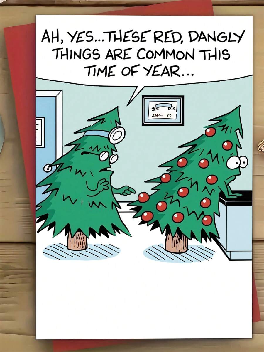 1pc Funny Christmas Card For Best Friend, Coworker – Doctor Office Christmas Tree Cartoon Illustration, Thickened, With Envelope - A - View 1