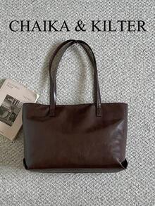 1pc Minimalist PU Fabric Shoulder Tote Bag, Suitable For Commuting, Shopping And More (With Pendant) - Coffee - View 5