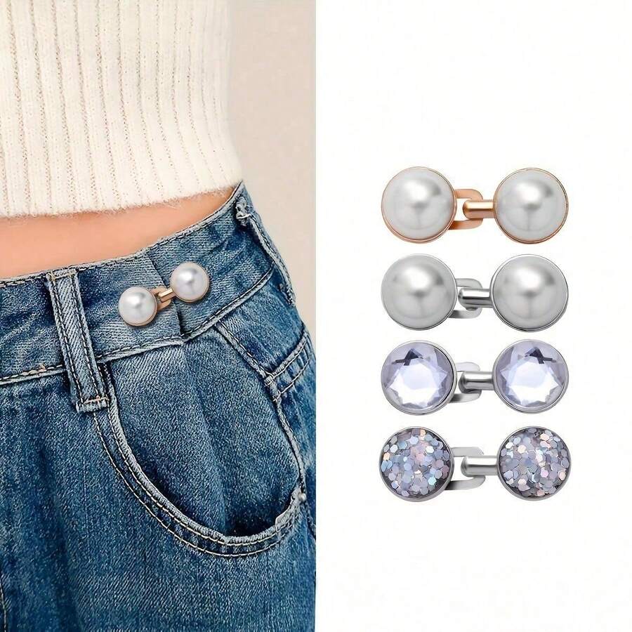 4pcs Metal Reusable Adjustable Waist Belts, Detachable Jeans Button Waist Clips, Instant Seamless Decorative Accessories, Perfect For Loose Women's Jeans, Dresses, Skirts And Other Daily Wear - Multicolor - View 1