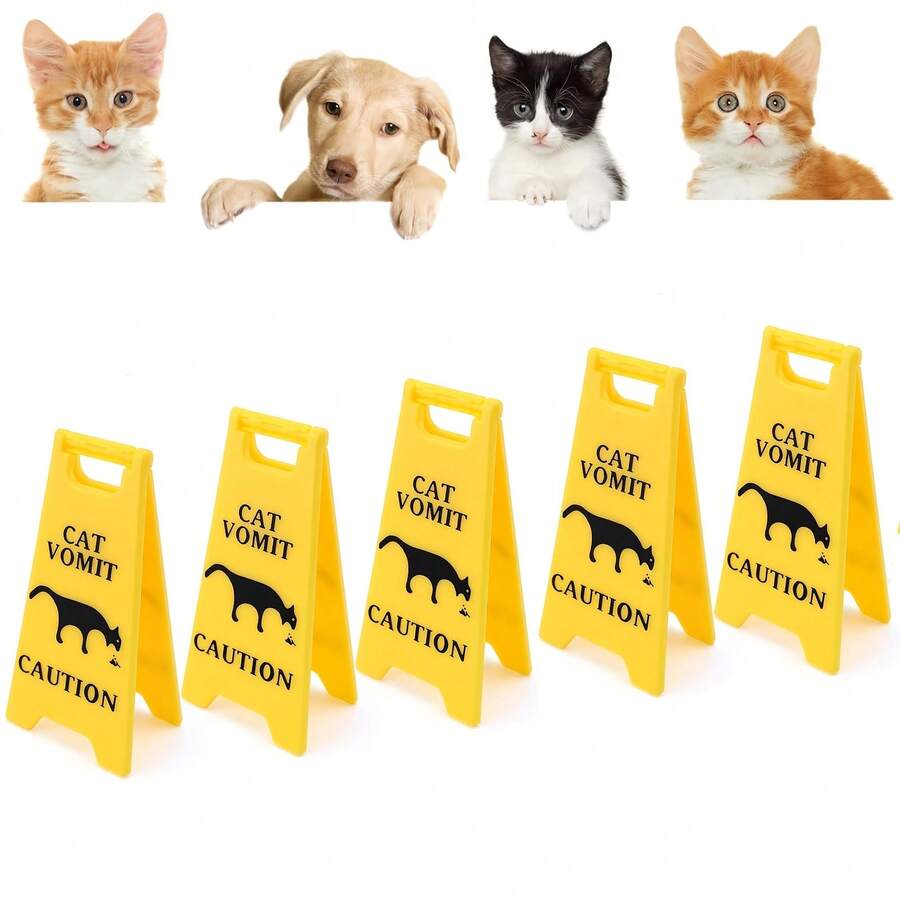 5pcs Cat Vomit Warning Signs, Double-Sided Printing, Funny Cat Warning Sign Decor, Mini Desktop Warning Signs, Perfect Gag Gift For Cat Lovers And Humor Enthusiasts - Sign - View 1