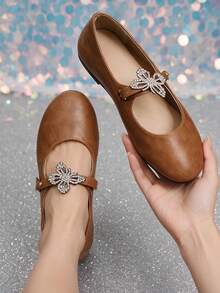 Elegant Rhinestone Butterfly Decor Buckle Shallow Women's Shoes, Exquisite Butterfly Rhinestone Embellishment, Minimalist Round Toe, Versatile Girly Style Women's Shoes - Light Brown - View 5