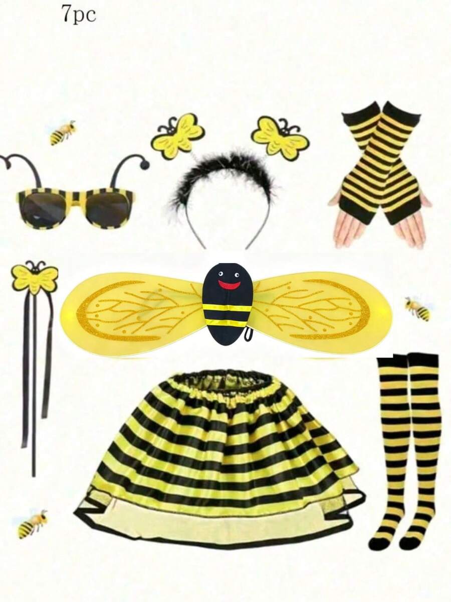 7pcs Bee Party Costume Props Set, Includes Bee Socks, Arm Warmers, Skirt, Headband, Glasses, Suitable For Party, Stage Performance, Halloween - Yellow - View 1