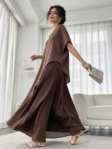 Autumn/Winter New Tall Women's Round Neck Batwing Sleeve Asymmetrical Design Loose Dress Elastic Waist Skirt Colorblock 2 Pieces Set, Purple Elegant Luxury Party Gathering Cocktail Evening Gown Long Dress, Fashion Women's Outfit - Coffee Brown - View 1