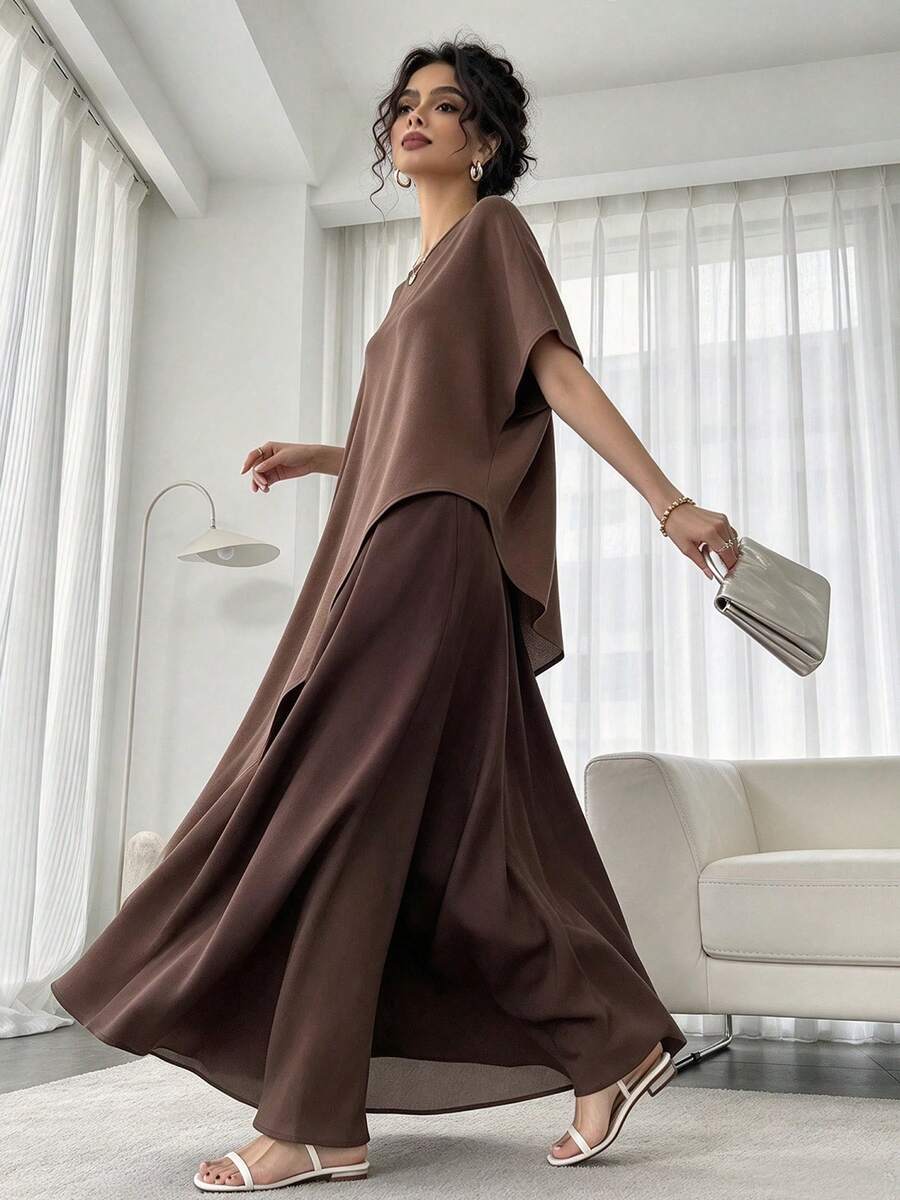 Autumn/Winter New Tall Women's Round Neck Batwing Sleeve Asymmetrical Design Loose Dress Elastic Waist Skirt Colorblock 2 Pieces Set, Purple Elegant Luxury Party Gathering Cocktail Evening Gown Long Dress, Fashion Women's Outfit - Coffee Brown - View 1