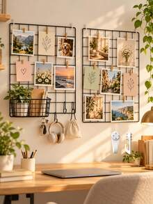 Black Metal Grid Photo Display Board, Minimalist Wire Grid Wall Decor Panel, Modern Picture Collage Board For Bedroom Living Room Office Aesthetic Decoration - Multicolor - View 5