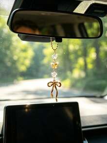 1pc Crystal Beaded Alloy Bow Pendant Car Interior Rearview Mirror Hanging Decoration Car Interior Decor Accessory - A - View 3