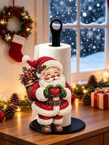 2D FLAT Christmas Decorative Paper Towel Holder (No Power Light) - Desktop Tabletop Roll Holder (Combines Display And Storage Functions), Fun Faux Pearl Painting Santa Claus Design, Suitable For Kitchen, Bathroom, Living Room And Dining Room, Decorative Ornament To Create A Warm Christmas Atmosphere. 2D, Not 3D - Multicolor - View 6