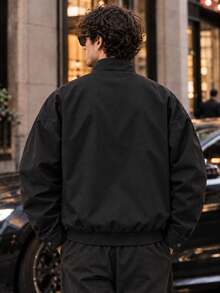 1pc Men's Solid Color Minimalist Stand Collar Jacket, Suitable For Daily Outings And City Commuting, Autumn/Winter Outerwear - Black - View 2