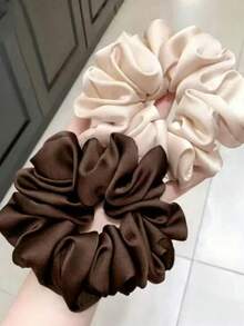 2pcs Satin French Style Large Round Hair Scrunchies, Elegant Solid Color - Multicolor - View 1