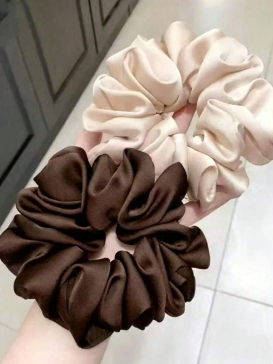 2pcs Satin French Style Large Round Hair Scrunchies, Elegant Solid Color - Multicolor - View 1