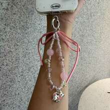 Pink Cartoon Puppy Phone Lanyard, Crystal Bracelet Style Hand Strap, Earphone Case Lanyard, Tablet Lanyard - Baby Pink - View 3