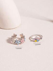 2pcs/Set Fresh Colorful Floral Open Rings, Macaron Contrast Color Small Flower Design Combination Rings, Sweet Cute Adjustable Ring Accessories, Suitable For Daily Wear, Dating, Spring, Wedding Gift - Multicolor - View 5