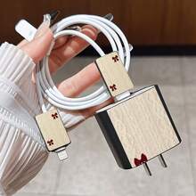 4pcs 2D Flat Design Sweater Texture Bow Phone Charger Protection Set, Charger Head Cover + Cable Protector + Storage Rope, Compatible With Iphone 20W/18W Charger - Multicolor - View 4