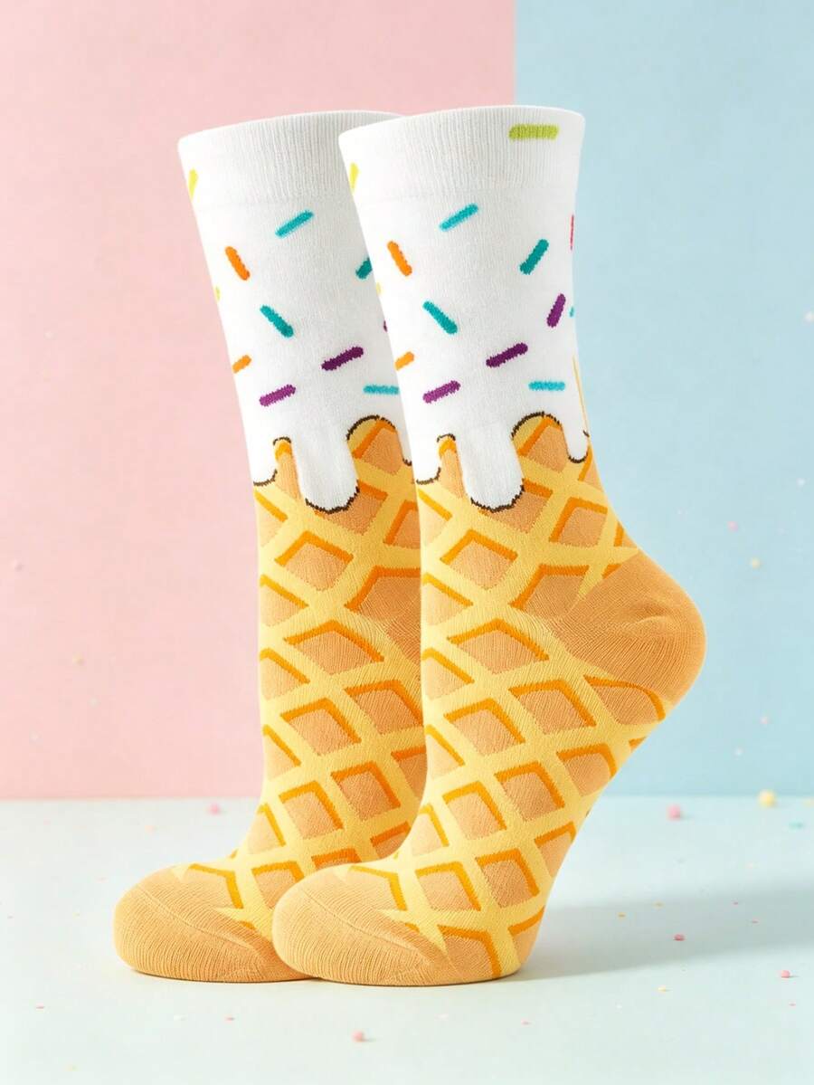 1/5 Pairs Sweet Girl Style Melting Ice Cream Cone Pattern Mid-Calf Socks, Colorful Sprinkles Design, Fun Cartoon Socks For Autumn New Arrival, Daily Wear - Multicolor - View 1
