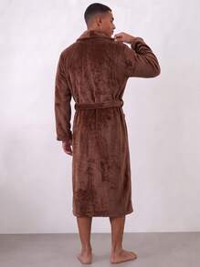 Snug League 1pc Unisex Flannel Kimono Robe, Loose Fit, Soft, Dual Pockets, Warm Lining, Suitable For Casual Wear, Autumn/Winter - Coffee Brown - View 9
