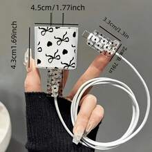 Set de 5 piezas de protección para cargador de teléfono con diseño plano 2D de lazo y corazón, incluye cubierta para cabezal de cargador + protector de cable + cuerda de almacenamiento + cuerda de protección para cable de datos, compatible con cargador 20W/18W - Multicolor - Ver 5