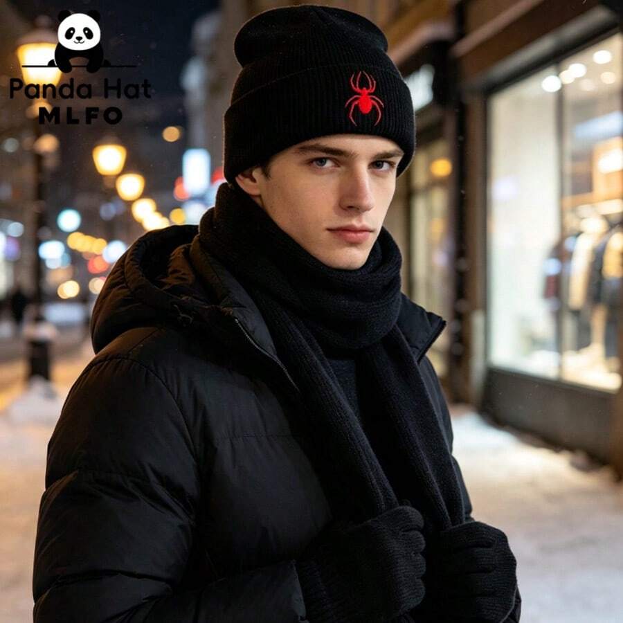 MLFO 3pcs Fashion Knit Beanie Scarf Gloves Set, Eye-Catching Red Spider Pattern Embroidery Design, Exquisite Winter Accessories Kit, Suitable For Daily Outdoor Wear, Unisex Christmas New Year Holiday Party Gift - Spider-man 3-piece Set - View 1