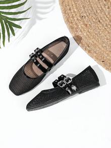 Women's Mary Jane Mesh Ballet Shoes With Double Straps And Soft Sole - Black - View 4
