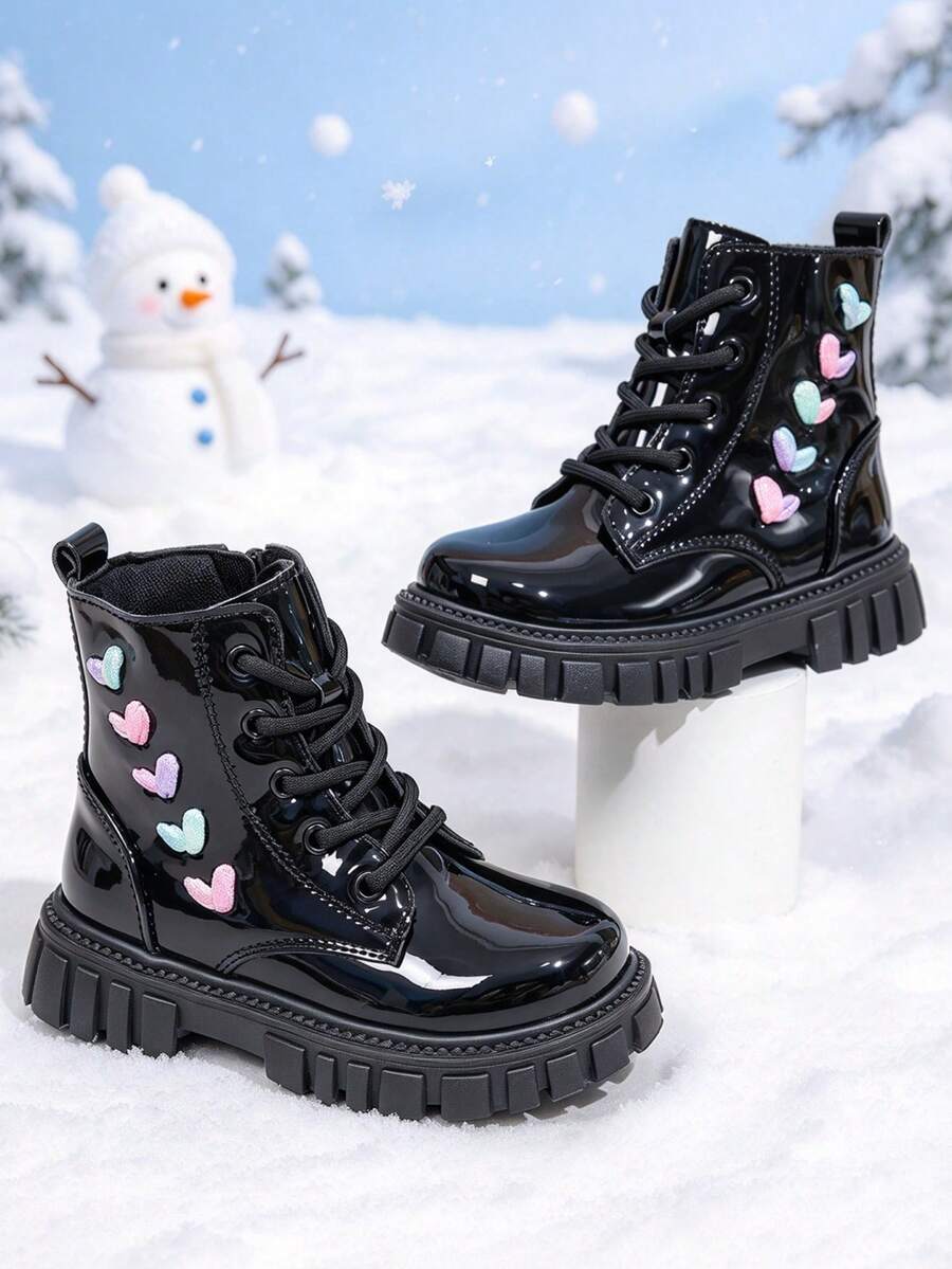 1 Pair Girls' Short Boots With Colorblock Heart Pattern Decor, Round Toe Soft Sole, Height-Increasing Inner Zipper Design, Fashion Sweet Cool Cute Princess Ankle Boots, Suitable For Daily, Holiday, School, Party, Autumn/Winter New Style
