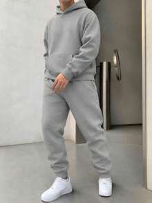 2pcs/Set Boys' Casual Fleece Hooded Sweatshirt And Jogger Pants Set, Suitable For Travel And Home Wear In Autumn/Winter - Light Grey - View 9