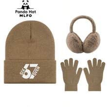 MLFO 3pcs Fashion Knit Beanie, Ear Muffs And Gloves Set, Eye-Catching 67 SIX SVEN Letter Pattern Embroidery Design, Exquisite Winter Accessories Kit, Suitable For Daily Outdoor Activities, Unisex Christmas New Year Holiday Party Gift - 67 3-piece Set - View 9