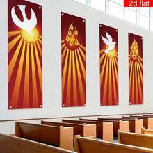 2D Flat Banner, 4 Pieces, Pentecost Holy Spirit Church Banner, Polyester, Red And Yellow Background, Dove And Symbolic Holy Spirit Flame And Radiance Design, Suitable For Church Sanctuary, Commemorating The Descent Of The Holy Spirit - A - View 3
