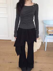Women's 2 In 1 Patchwork Casual Versatile Daily Long Sleeve T-Shirt - Dark Grey - View 1
