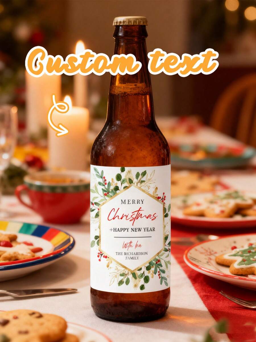 Personalized Christmas Wine Bottle Label Stickers, Custom Text Merry Christmas & Happy New Year Bottle Decals, Greenery Berry Design, Xmas Party Table Decor, Customized Gift For Family Friends - Multicolor - View 1