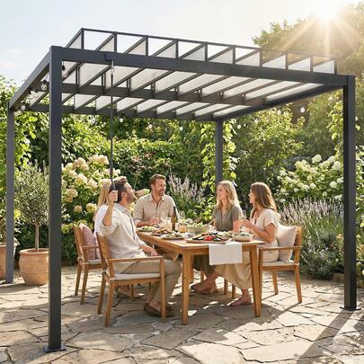 Outsunny 9,5 x 10 pi Pergola à lames orientables avec toit à lames orientables réglables, cadre en aluminium, pergola de jardin d'extérieur avec gouttières de drainage, poignée pour terrasse, cour arrière, patio, transparent