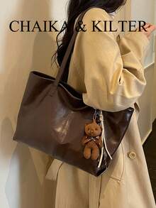 1pc Minimalist PU Fabric Shoulder Tote Bag, Suitable For Commuting, Shopping And More (With Pendant) - Coffee - View 12