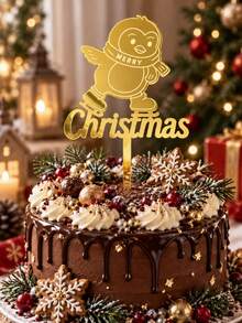 3件組金色鏡面壓克力聖誕蛋糕裝飾插牌,雷雕溜冰企鵝圖案與Merry Christmas字母,適用於聖誕派對、冬季慶祝與甜點桌節日蛋糕裝飾 - A - 查看 9