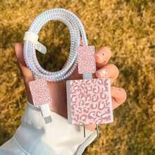 5pcs 2D Flat Design Pink Leopard Print Phone Charger Protector Set, Charger Head Cover + Cable Protector + Storage Rope + Data Cable Protector Spiral Wrap, Compatible With IPhone 20W/18W Chargers - Multicolor - View 4