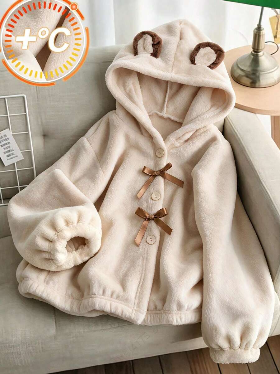 Lurzo Girls' Autumn/Winter Cute Plush Bear Ear Hooded Jacket, Soft & Adorable Bow + Button Decor, Suitable For Daily Wear And Gatherings - Apricot - View 1