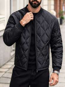 1pc Men's Winter Quilted Diamond Pattern Flight Jacket, Full Zip Lightweight Padded Coat With Ribbed Collar, Cuffs And Hem, Versatile Casual Top - Black - View 1