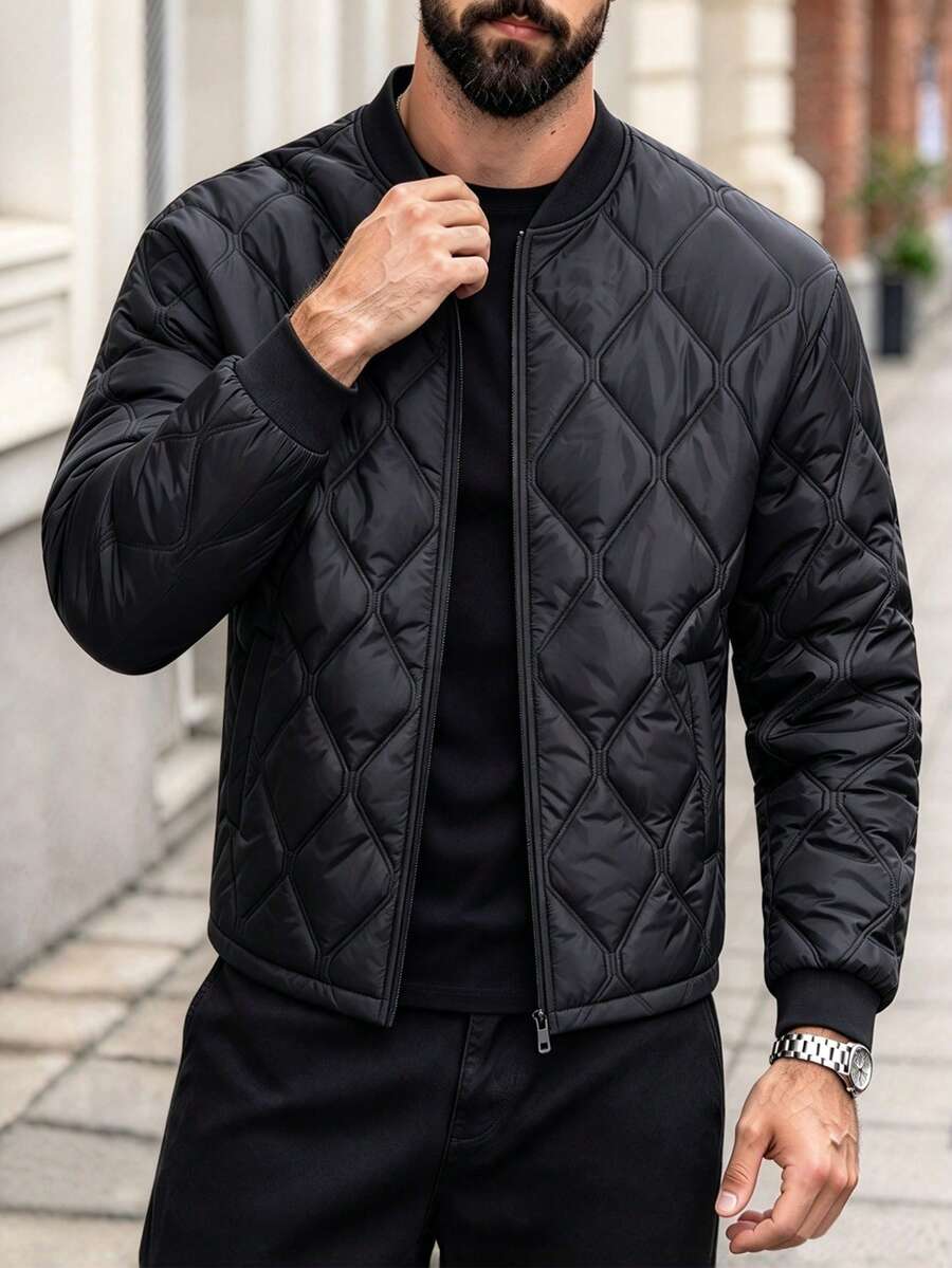 1pc Men's Winter Quilted Diamond Pattern Flight Jacket, Full Zip Lightweight Padded Coat With Ribbed Collar, Cuffs And Hem, Versatile Casual Top - Black - View 1