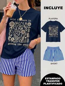 Conjunto de dos piezas playera y short playera estampada con diseño botánico de flores y texto wild flowers in growing like crazy short corto, ideal para vacaciones playa calor - 2 Playera Azul Marino con Short Rayas Azul con Blanco - Ver 1